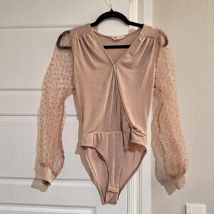 Peach Love Pink Mesh Sleeve Bodysuit Small V-Neck Coquette Balletcore Soft Girl